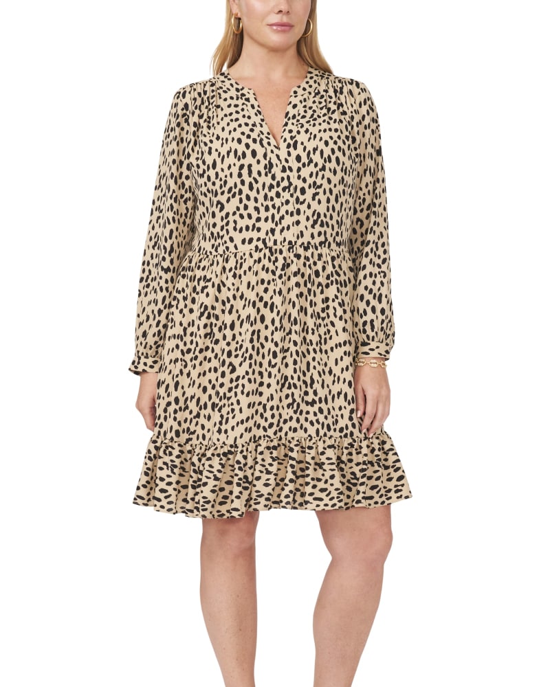 Front of a model wearing a size 1X Linda Split Neck Animal Dress in KHAKI HAZE by Vince Camuto. | dia_product_style_image_id:261159